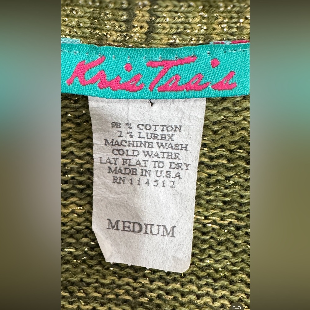 Vintage Kris‎ Tae’s Metallic Olive Green Crossover Knit Sweater Size M USA - Picture 9 of 9